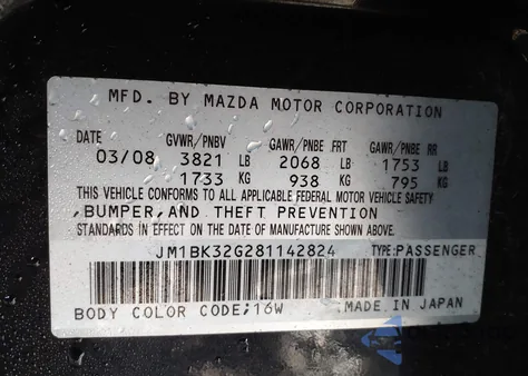 2008 Mazda Mazda3 I Touring Value z USA, uszkodzony, nr VIN JM1BK32G281142824